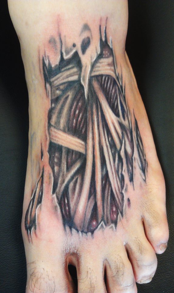 Bones and Tendons Skin Rip Foot Tattoo - Headless Hands Custom Tattoos