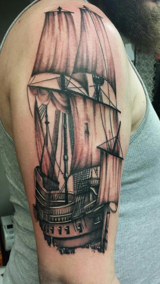 Pirate ship on a pirate #traditionaltattoo #traditionalshiptattoo  #daytonohiotattoo #tattoo #blacktattoo #rrrrrrrrrrrr | Instagram